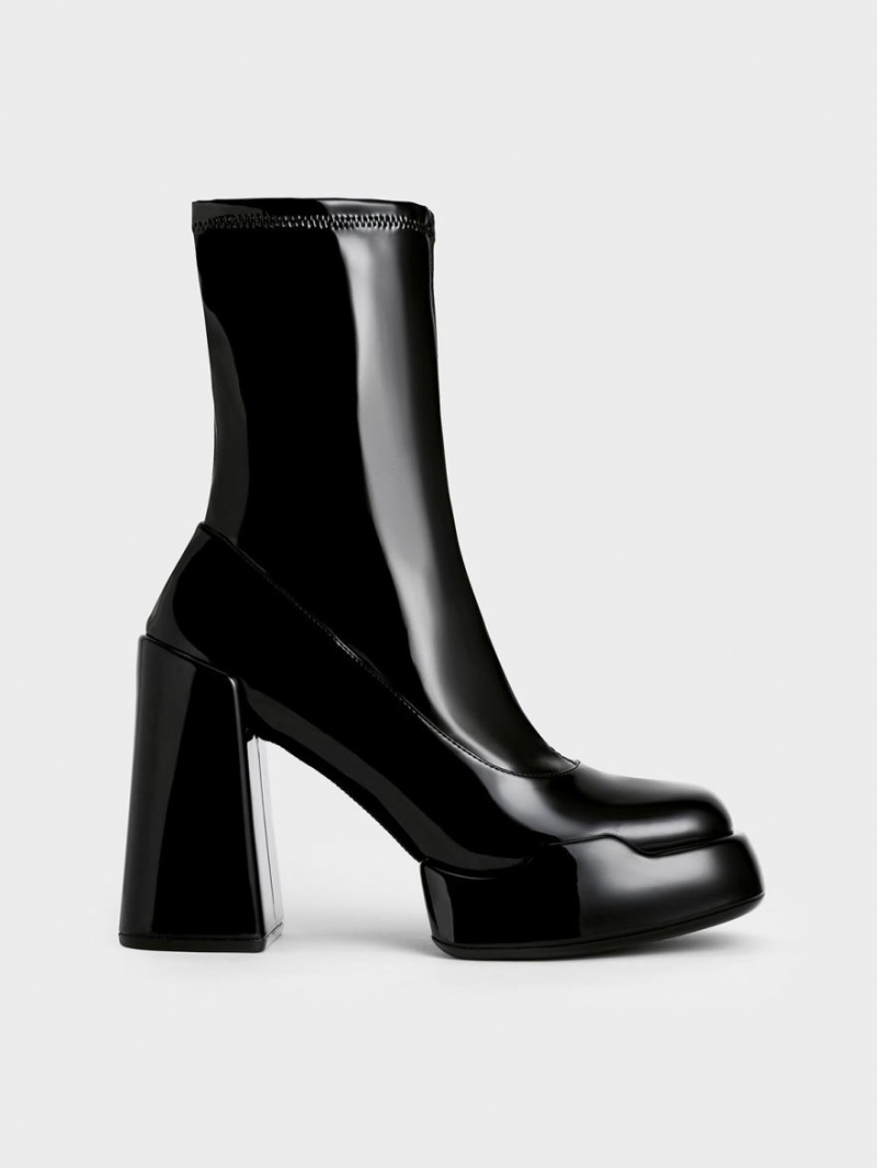 Cizme cu Toc Charles & Keith Lula Lacuita Block Negrii | 609LQVHPK