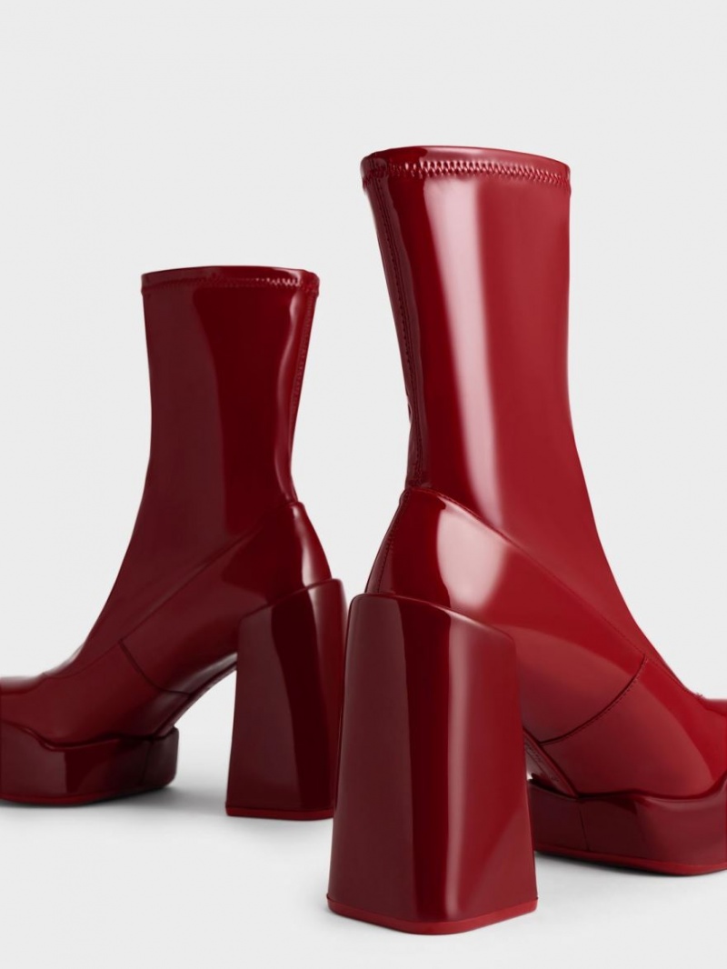 Cizme cu Toc Charles & Keith Lula Lacuita Block Rosii | 697ECFJAO