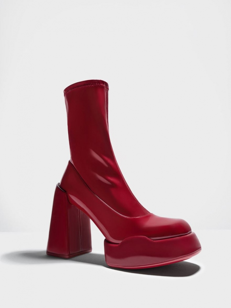 Cizme cu Toc Charles & Keith Lula Lacuita Block Rosii | 697ECFJAO