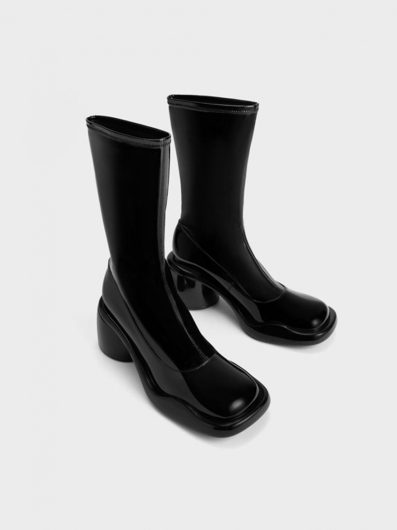Cizme cu Toc Charles & Keith Lula Lacuita Grosolan Calf Negrii | 962NFEIPU