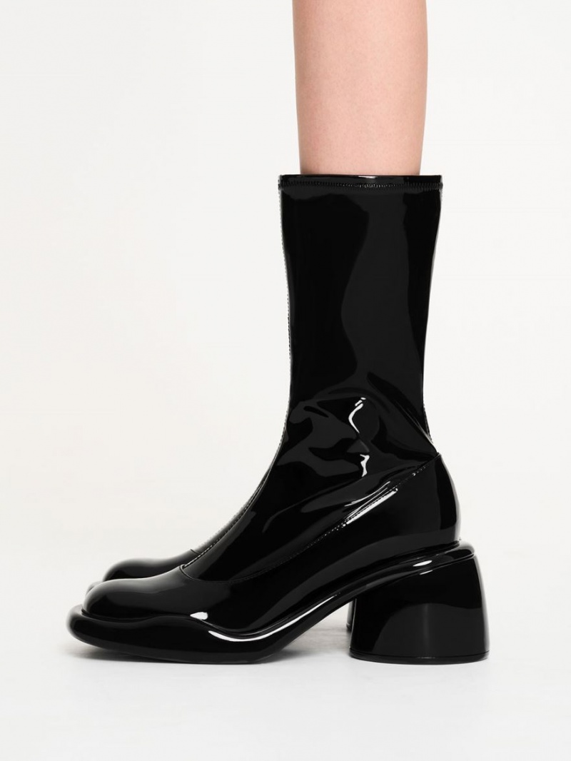 Cizme cu Toc Charles & Keith Lula Lacuita Grosolan Calf Negrii | 962NFEIPU
