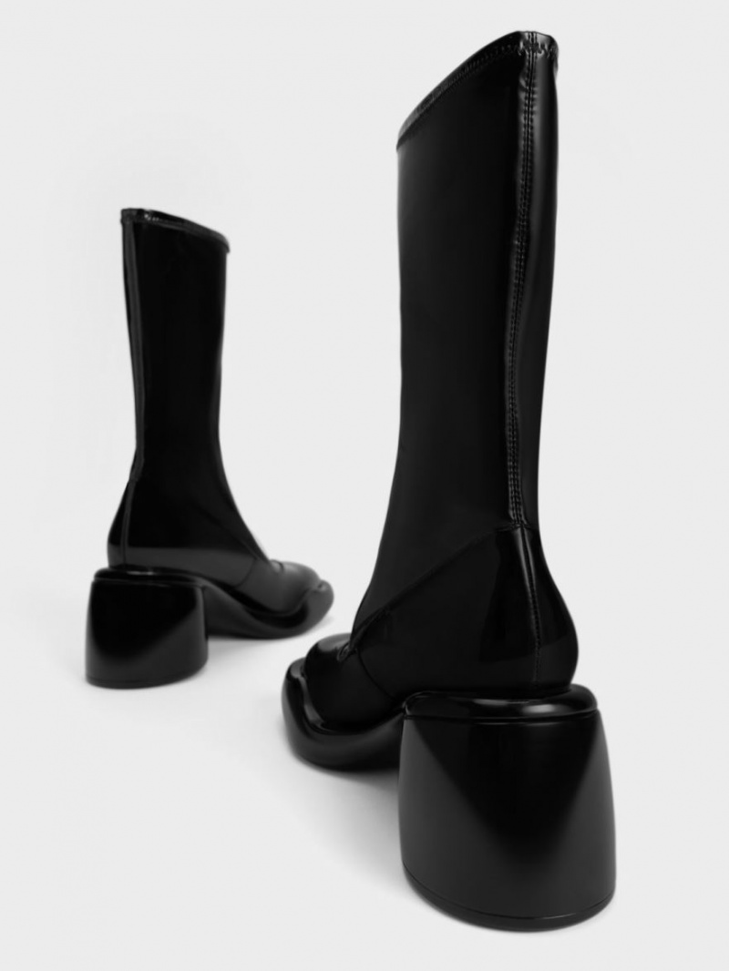 Cizme cu Toc Charles & Keith Lula Lacuita Grosolan Calf Negrii | 962NFEIPU