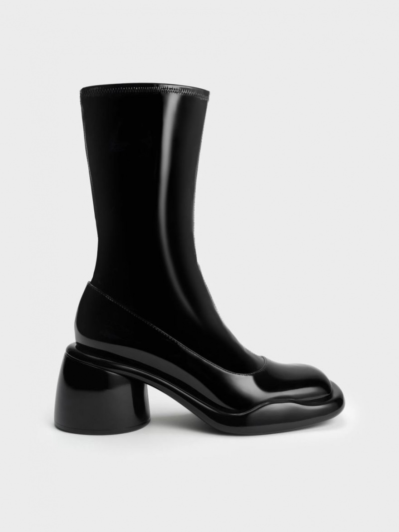 Cizme cu Toc Charles & Keith Lula Lacuita Grosolan Calf Negrii | 962NFEIPU