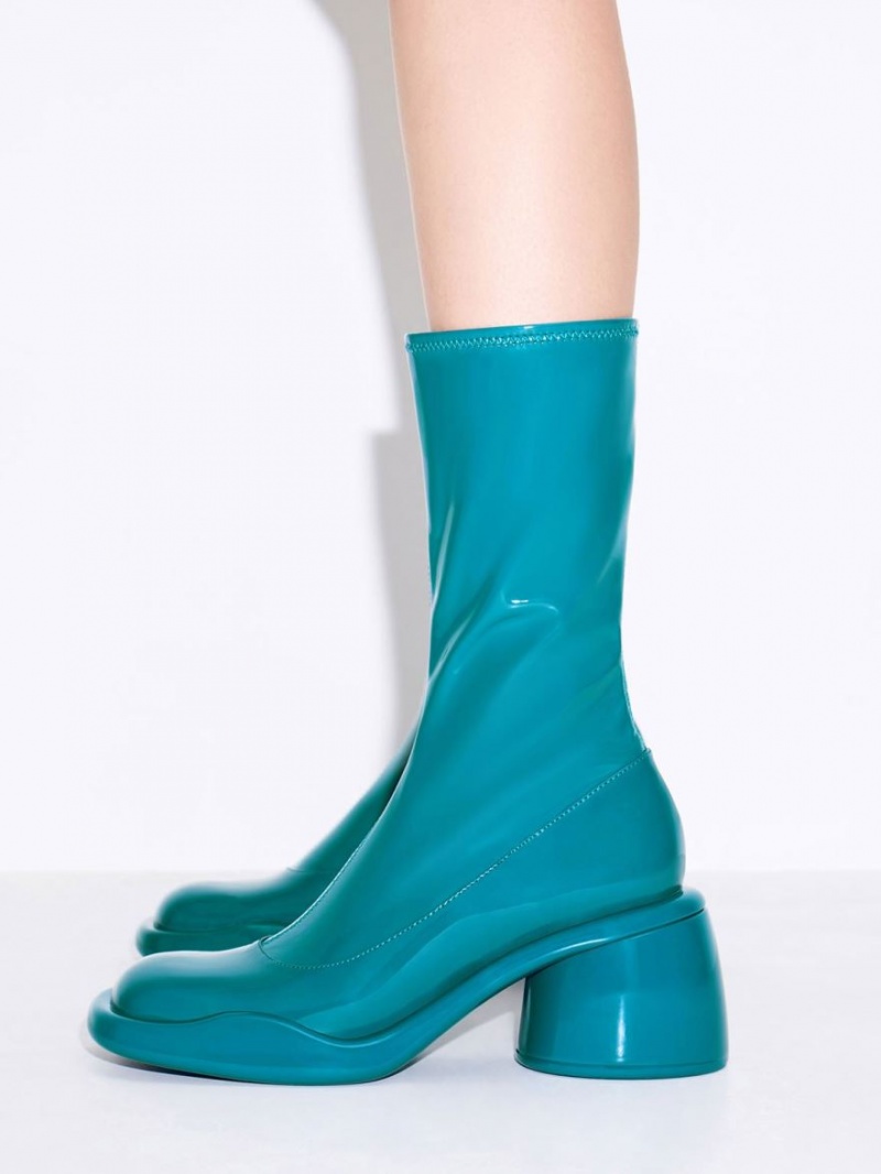 Cizme cu Toc Charles & Keith Lula Lacuita Grosolan Calf Turcoaz | 436OJESKV