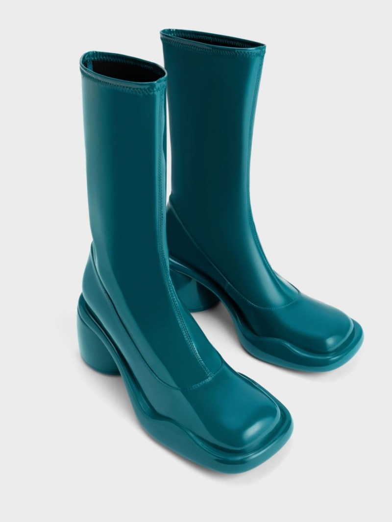 Cizme cu Toc Charles & Keith Lula Lacuita Grosolan Calf Turcoaz | 436OJESKV