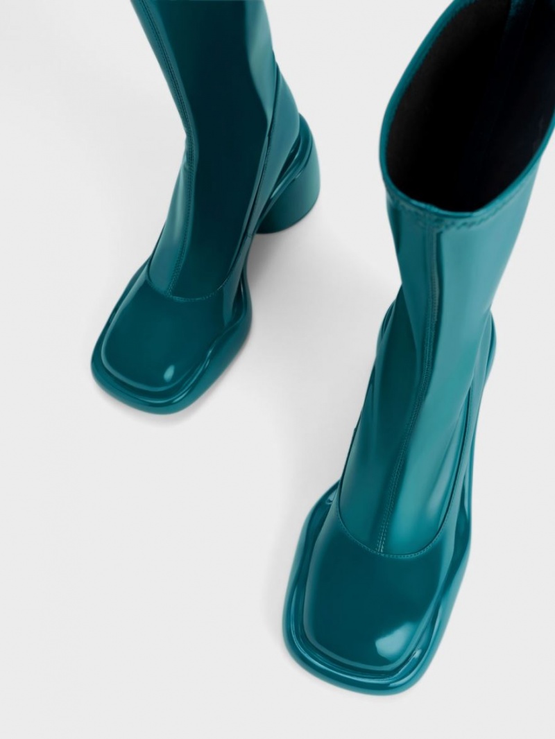 Cizme cu Toc Charles & Keith Lula Lacuita Grosolan Calf Turcoaz | 436OJESKV