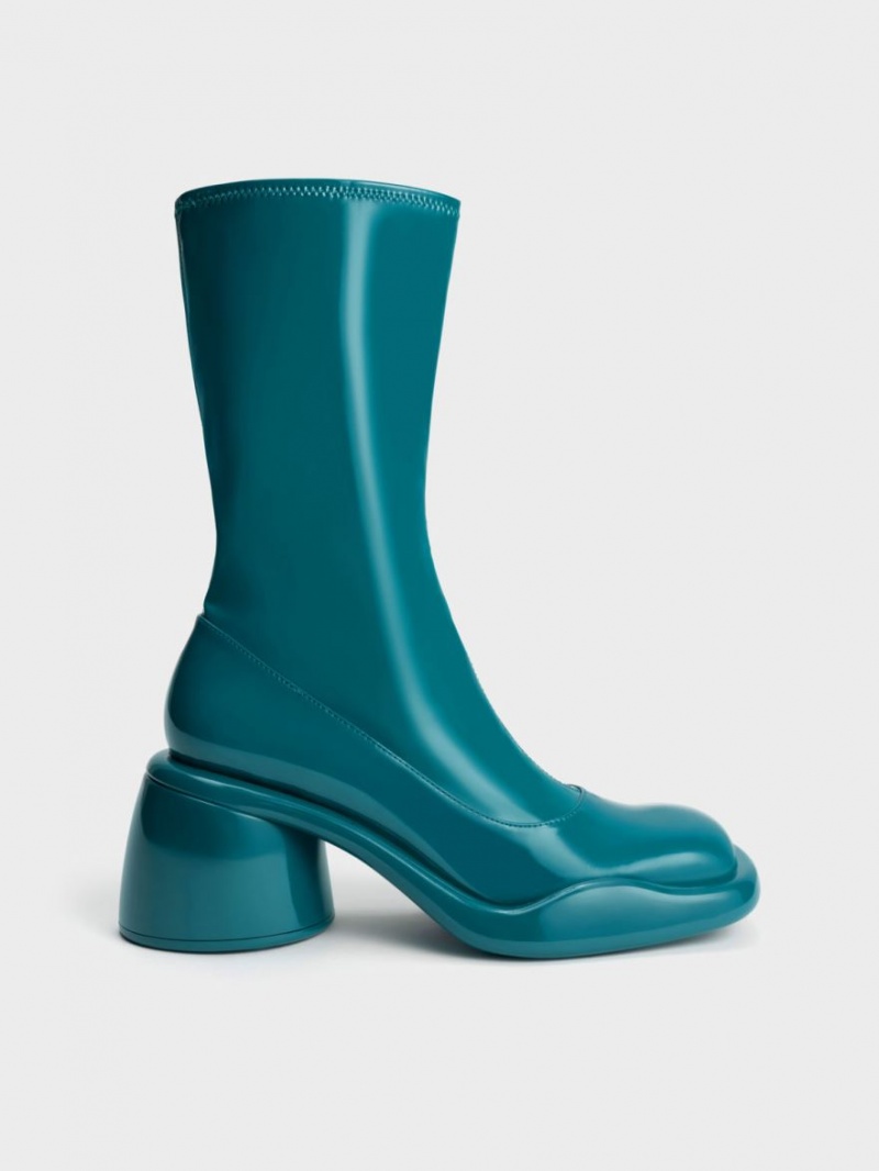 Cizme cu Toc Charles & Keith Lula Lacuita Grosolan Calf Turcoaz | 436OJESKV