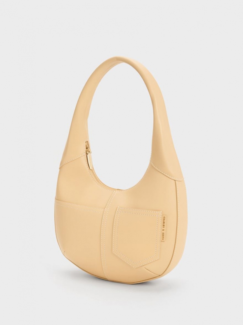 Geantă Hobo Charles & Keith Anthea Contrast-Trim Curved Bej | 380BLMWCY
