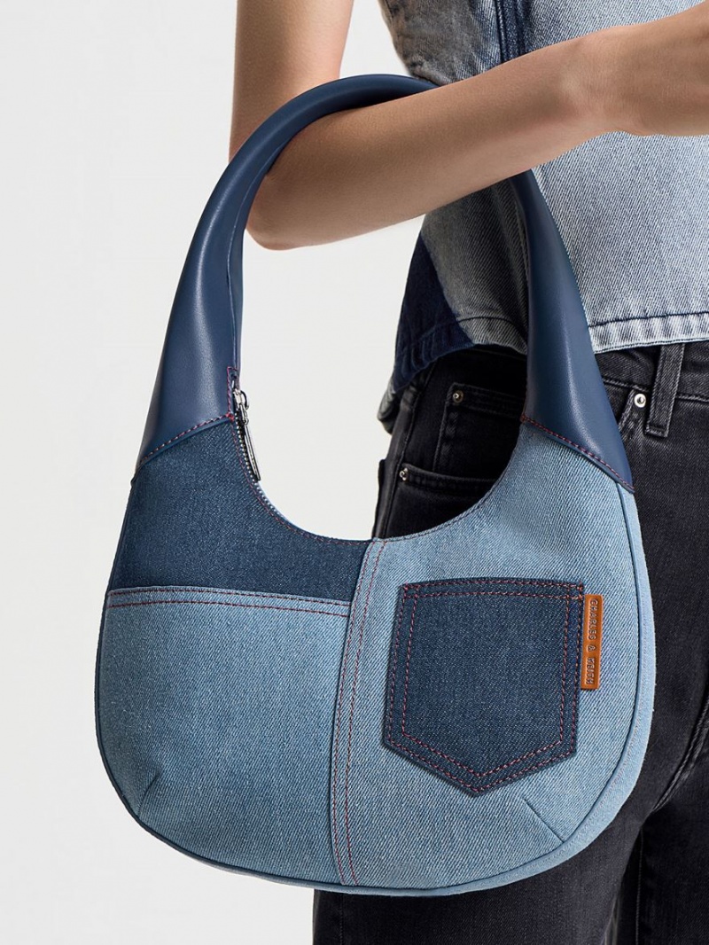 Geantă Hobo Charles & Keith Anthea Denim Contrast-Trim Curved Albastri | 028XMPWFT