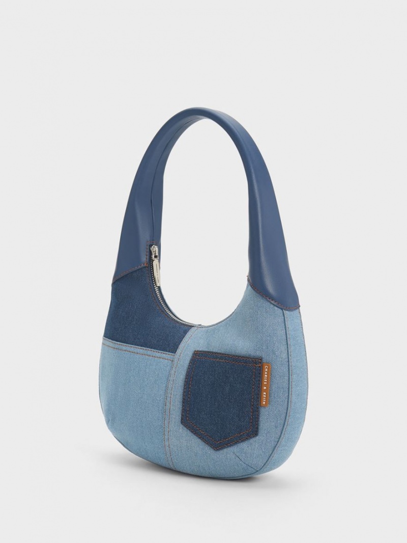 Geantă Hobo Charles & Keith Anthea Denim Contrast-Trim Curved Albastri | 028XMPWFT