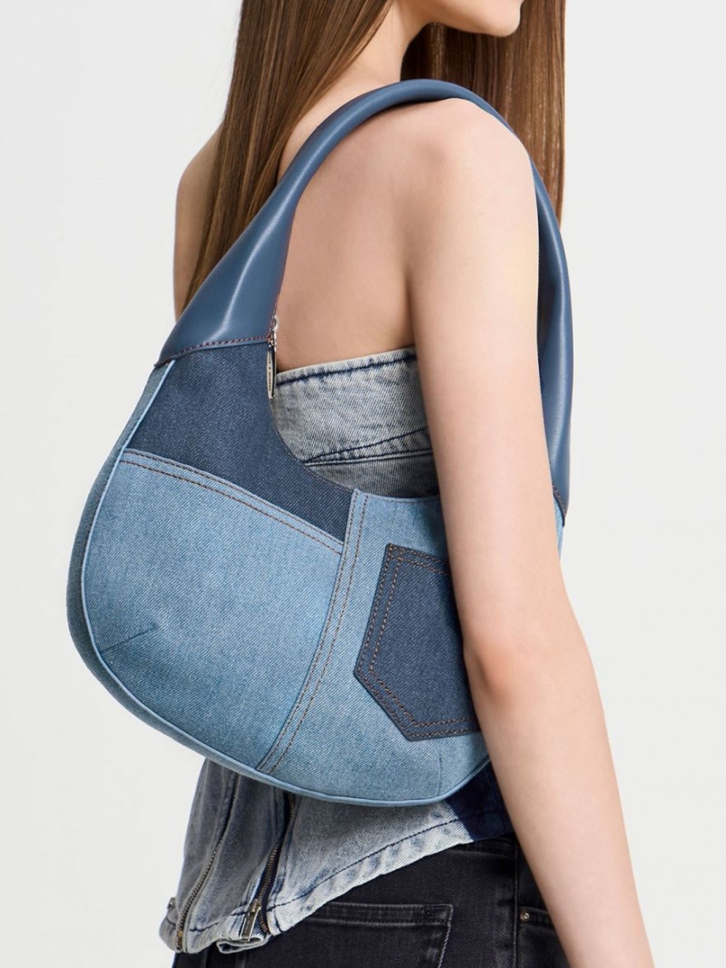 Geantă Hobo Charles & Keith Anthea Denim Contrast-Trim Curved Albastri | 028XMPWFT