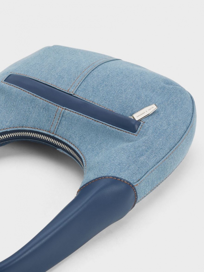 Geantă Hobo Charles & Keith Anthea Denim Contrast-Trim Curved Albastri | 028XMPWFT