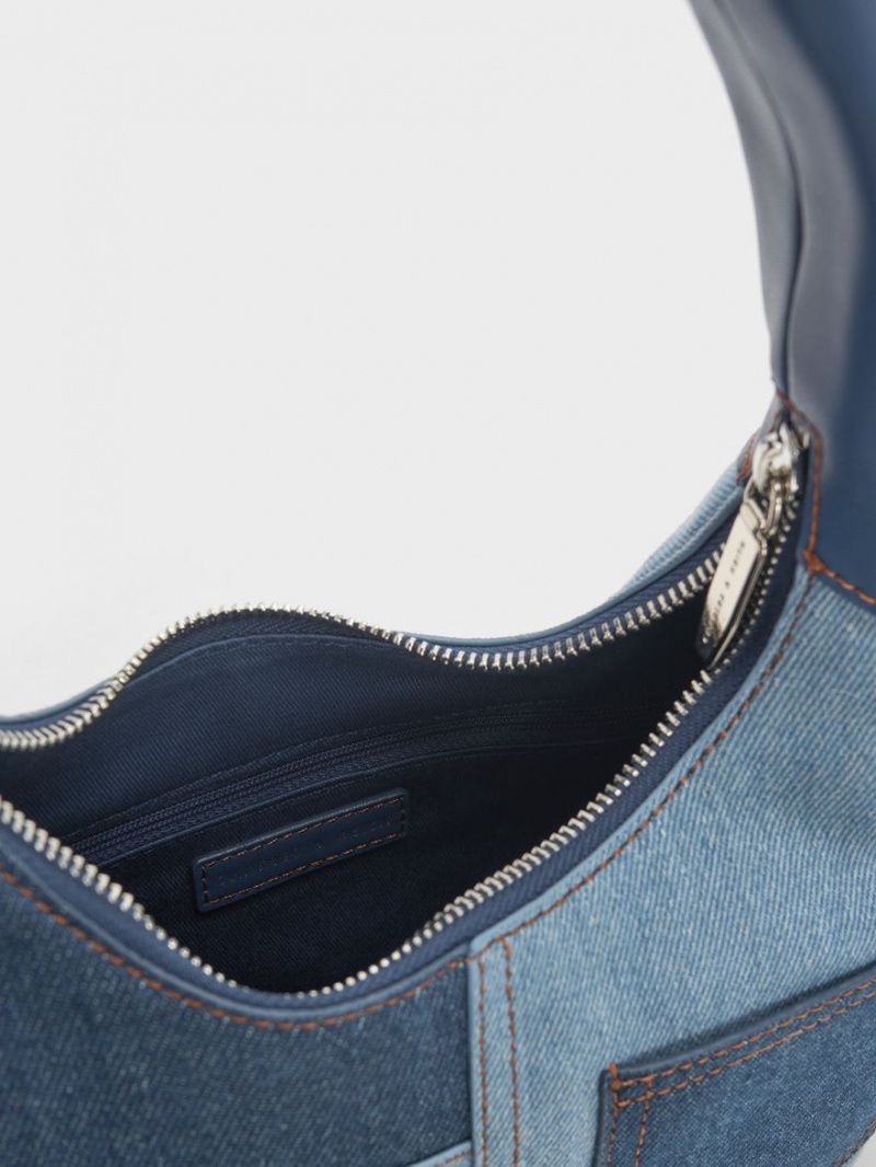 Geantă Hobo Charles & Keith Anthea Denim Contrast-Trim Curved Albastri | 028XMPWFT