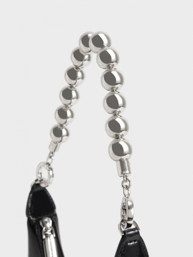 Geantă Hobo Charles & Keith Beaded Handle Lacuita Negrii | 647AVRUOL