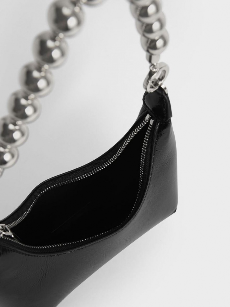 Geantă Hobo Charles & Keith Beaded Handle Lacuita Negrii | 647AVRUOL