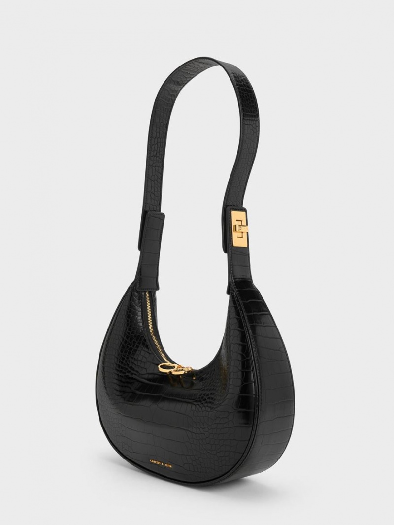 Geantă Hobo Charles & Keith Croc-Embossed Crescent Negrii | 135FKZXCQ
