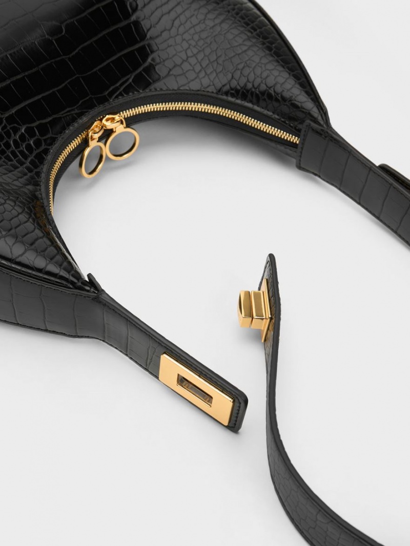 Geantă Hobo Charles & Keith Croc-Embossed Crescent Negrii | 135FKZXCQ