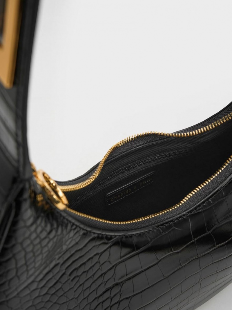 Geantă Hobo Charles & Keith Croc-Embossed Crescent Negrii | 135FKZXCQ