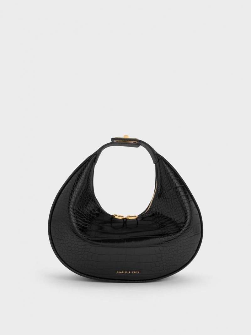Geantă Hobo Charles & Keith Croc-Embossed Crescent Negrii | 135FKZXCQ