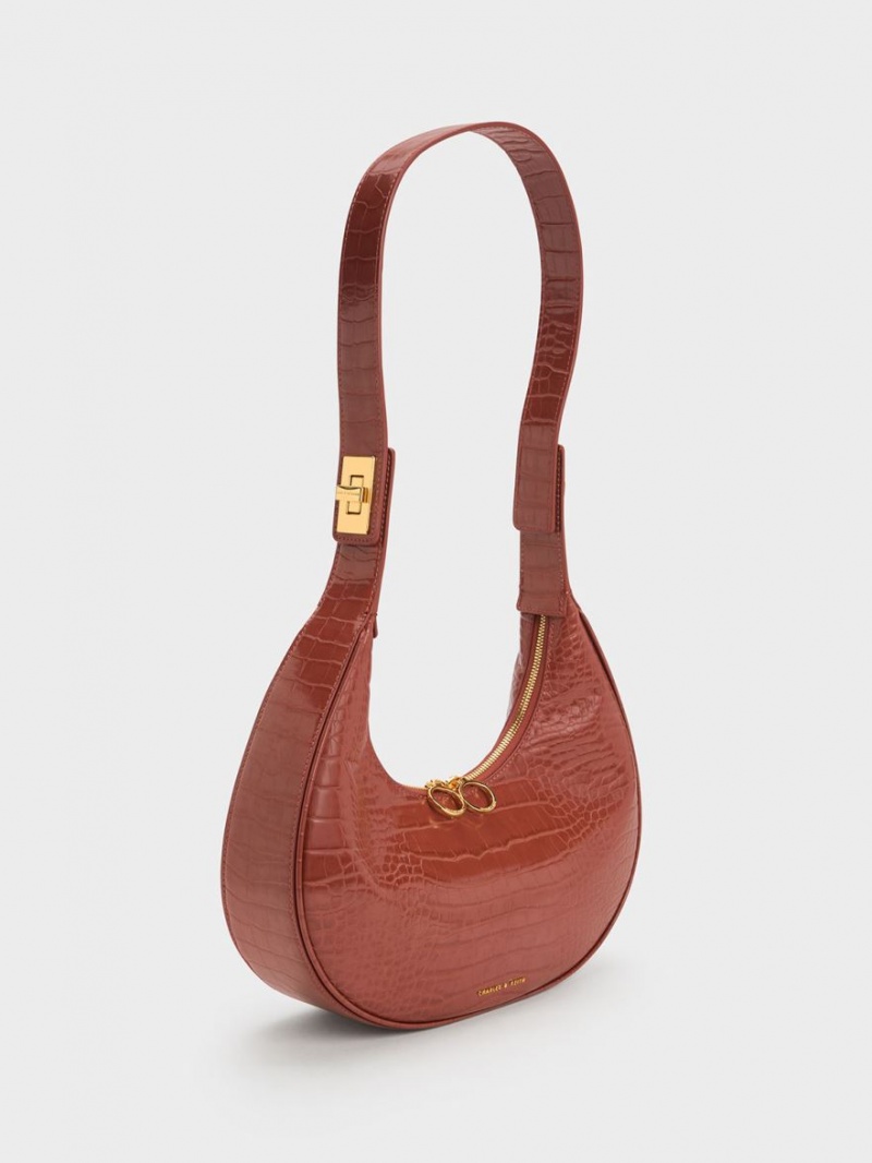 Geantă Hobo Charles & Keith Croc-Embossed Crescent Maro | 431QNAHTP