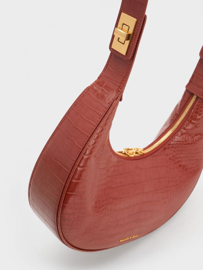 Geantă Hobo Charles & Keith Croc-Embossed Crescent Maro | 431QNAHTP