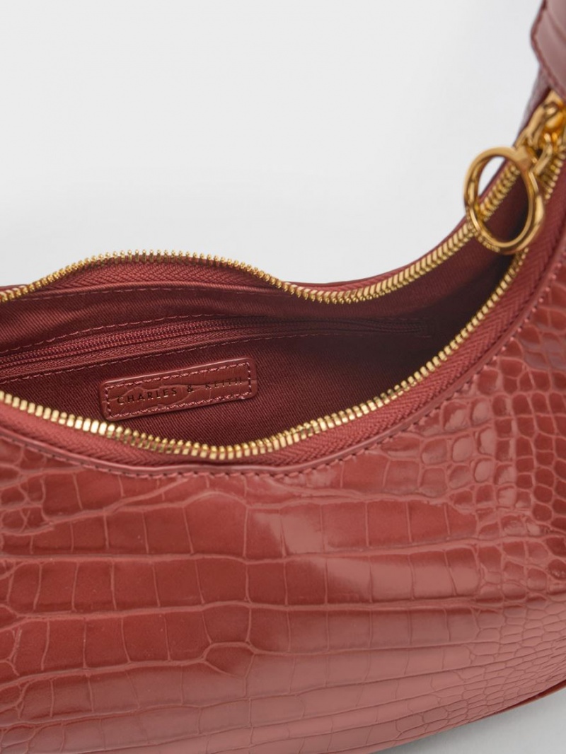 Geantă Hobo Charles & Keith Croc-Embossed Crescent Maro | 431QNAHTP