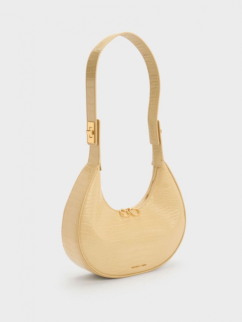 Geantă Hobo Charles & Keith Croc-Embossed Crescent Bej | 058THNCYI