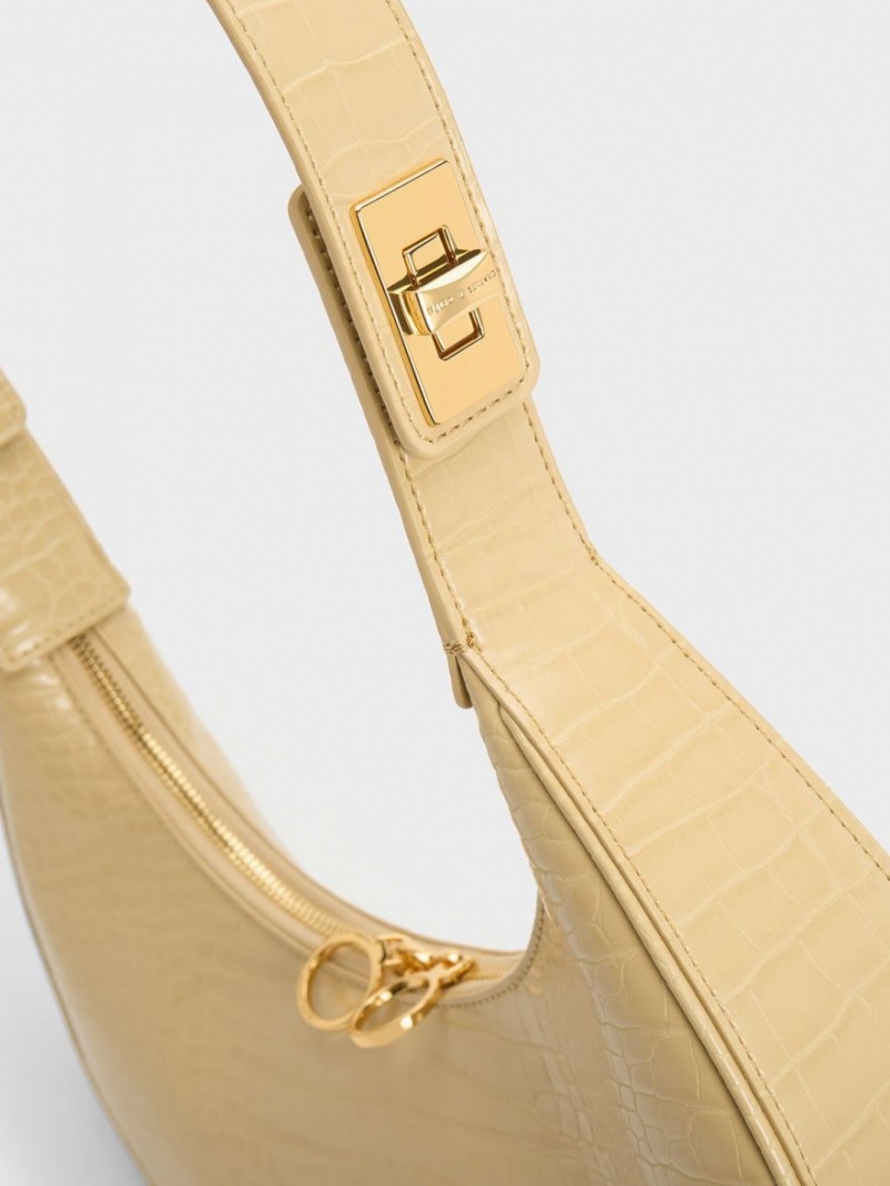 Geantă Hobo Charles & Keith Croc-Embossed Crescent Bej | 058THNCYI