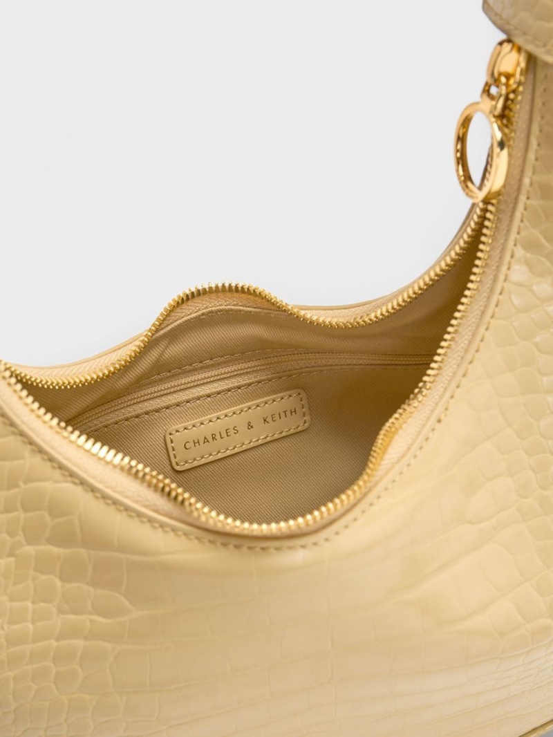 Geantă Hobo Charles & Keith Croc-Embossed Crescent Bej | 058THNCYI