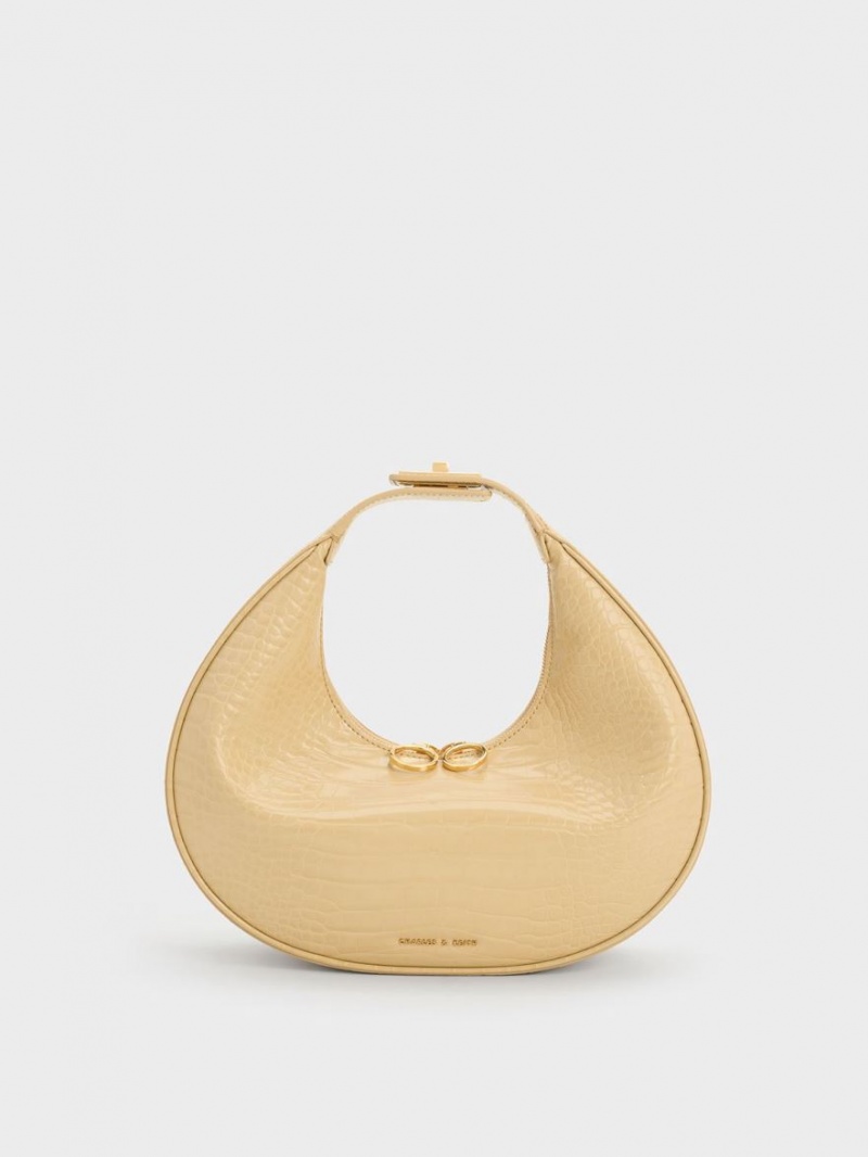 Geantă Hobo Charles & Keith Croc-Embossed Crescent Bej | 058THNCYI
