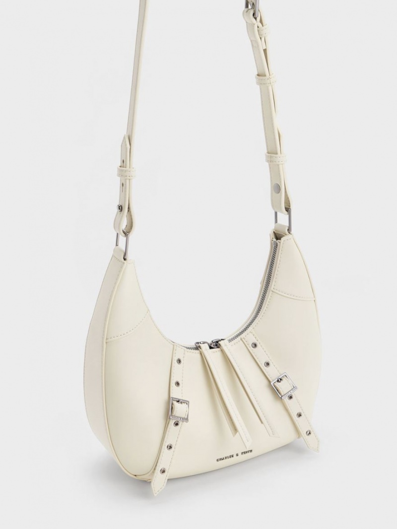 Geantă Hobo Charles & Keith Grommet Crescent Albi | 841JDQVSF