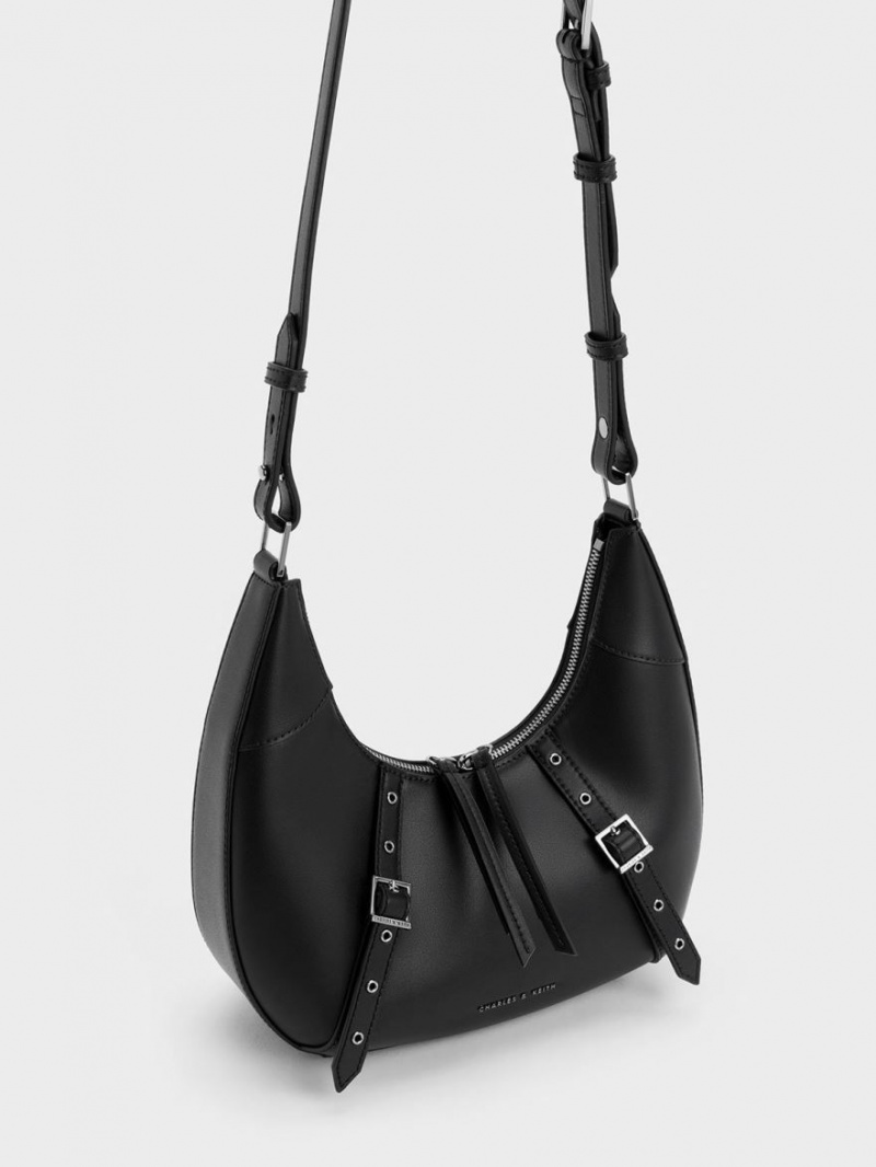 Geantă Hobo Charles & Keith Grommet Crescent Negrii | 498GBNOLM