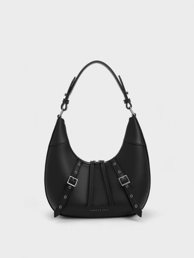 Geantă Hobo Charles & Keith Grommet Crescent Negrii | 498GBNOLM