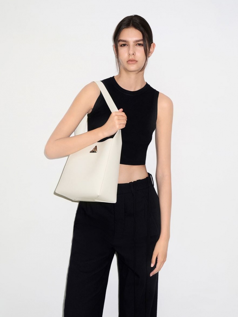 Geantă Hobo Charles & Keith Trice Metallic Accent Large Albi | 543UETBNJ