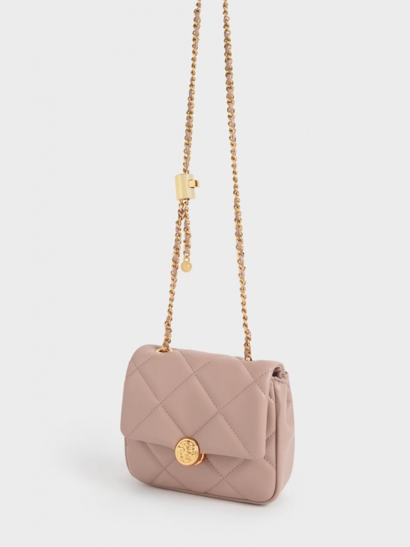 Geanta Clutch Charles & Keith Braided Chain-Handle Matlasat Evening Bej | 902XJIMTO