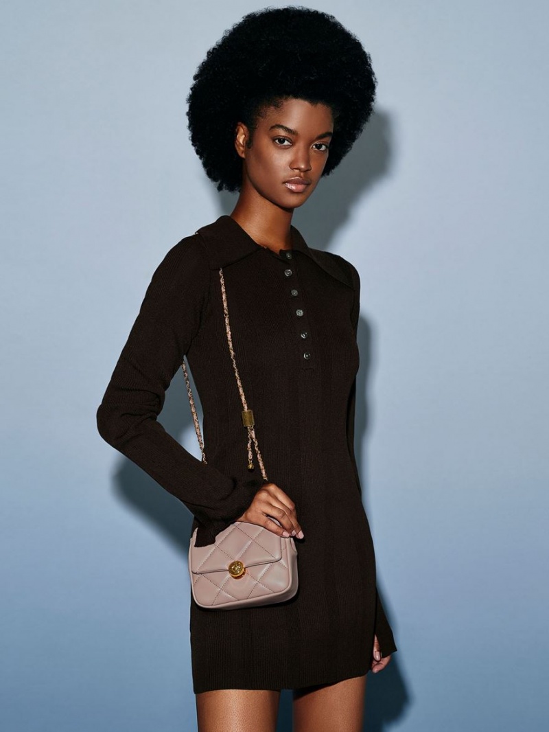 Geanta Clutch Charles & Keith Braided Chain-Handle Matlasat Evening Bej | 902XJIMTO