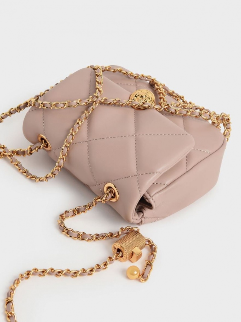 Geanta Clutch Charles & Keith Braided Chain-Handle Matlasat Evening Bej | 902XJIMTO