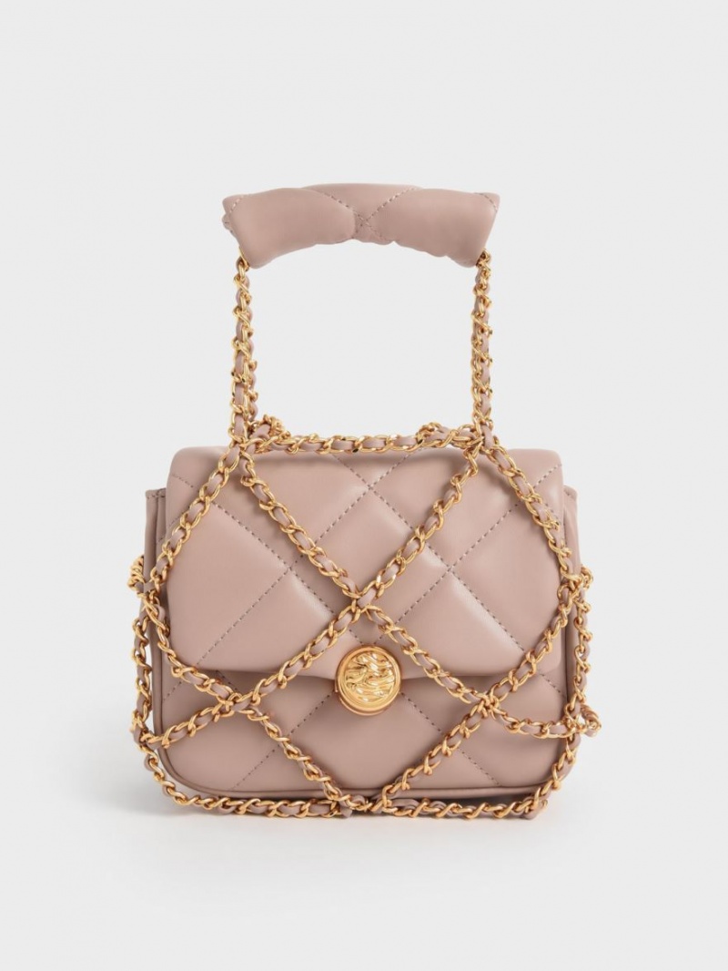 Geanta Clutch Charles & Keith Braided Chain-Handle Matlasat Evening Bej | 902XJIMTO