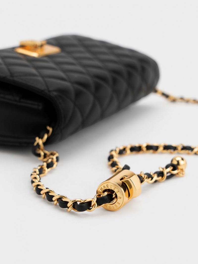 Geanta Clutch Charles & Keith Cressida Matlasat Push-Lock Negrii | 586ETSIOM