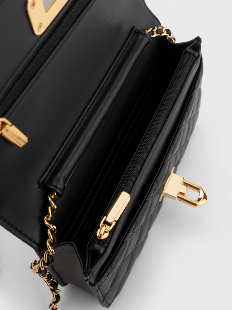 Geanta Clutch Charles & Keith Cressida Matlasat Push-Lock Negrii | 586ETSIOM