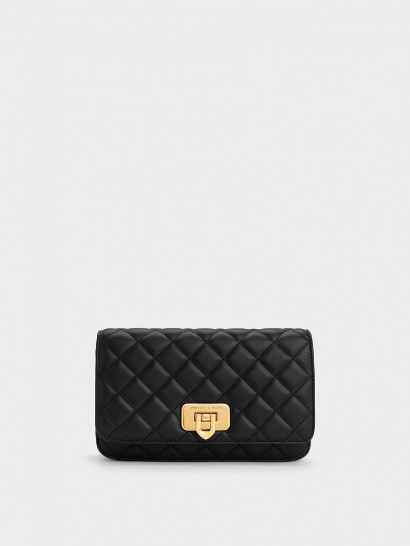 Geanta Clutch Charles & Keith Cressida Matlasat Push-Lock Negrii | 586ETSIOM