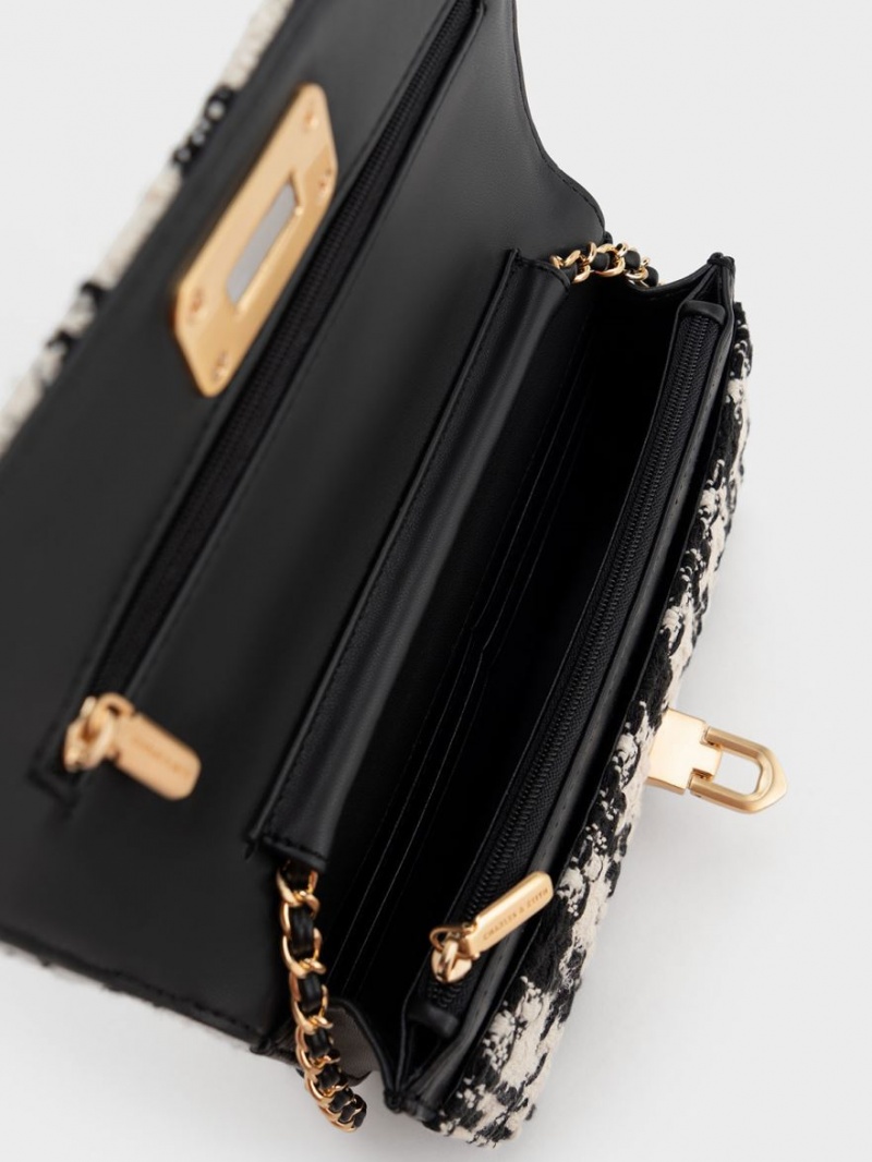 Geanta Clutch Charles & Keith Cressida Tweed Push-Lock Negrii Albi | 983SNKRMO