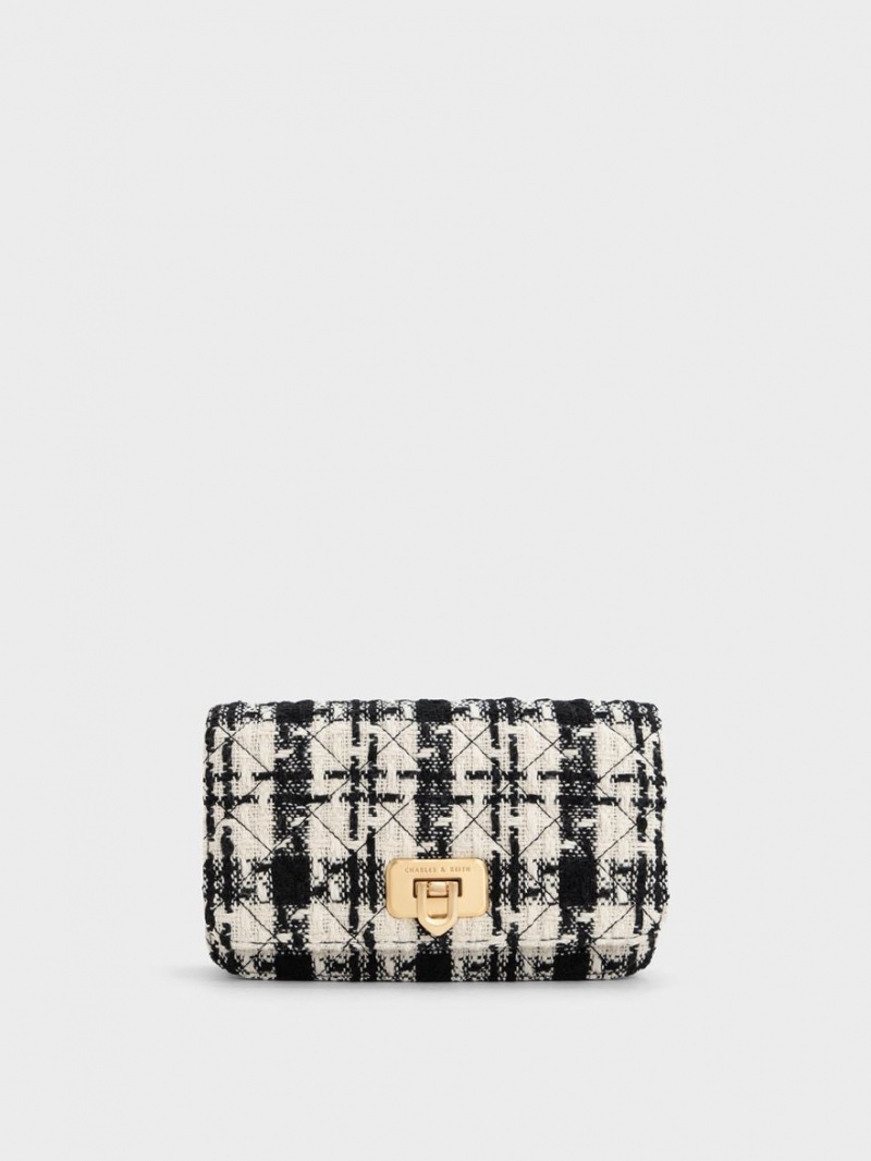Geanta Clutch Charles & Keith Cressida Tweed Push-Lock Negrii Albi | 983SNKRMO