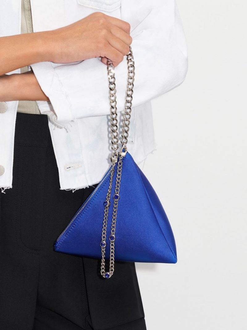 Geanta Clutch Charles & Keith Hera Satin Pyramid Albastri | 294UGRZLS