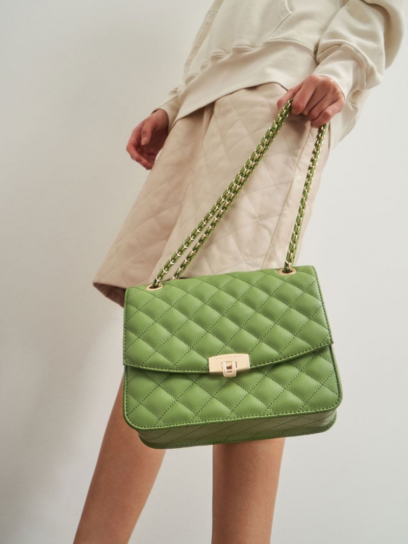 Geanta Clutch Charles & Keith Matlasat Chain Curea Verzi | 296AKFMNJ