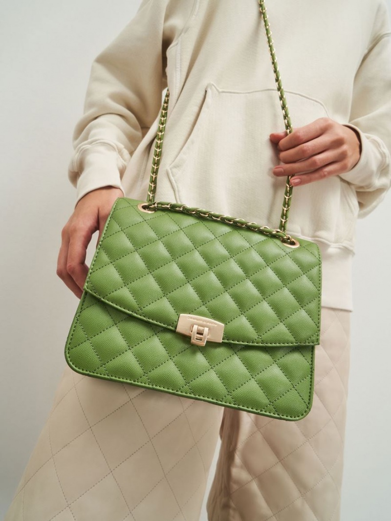 Geanta Clutch Charles & Keith Matlasat Chain Curea Verzi | 296AKFMNJ