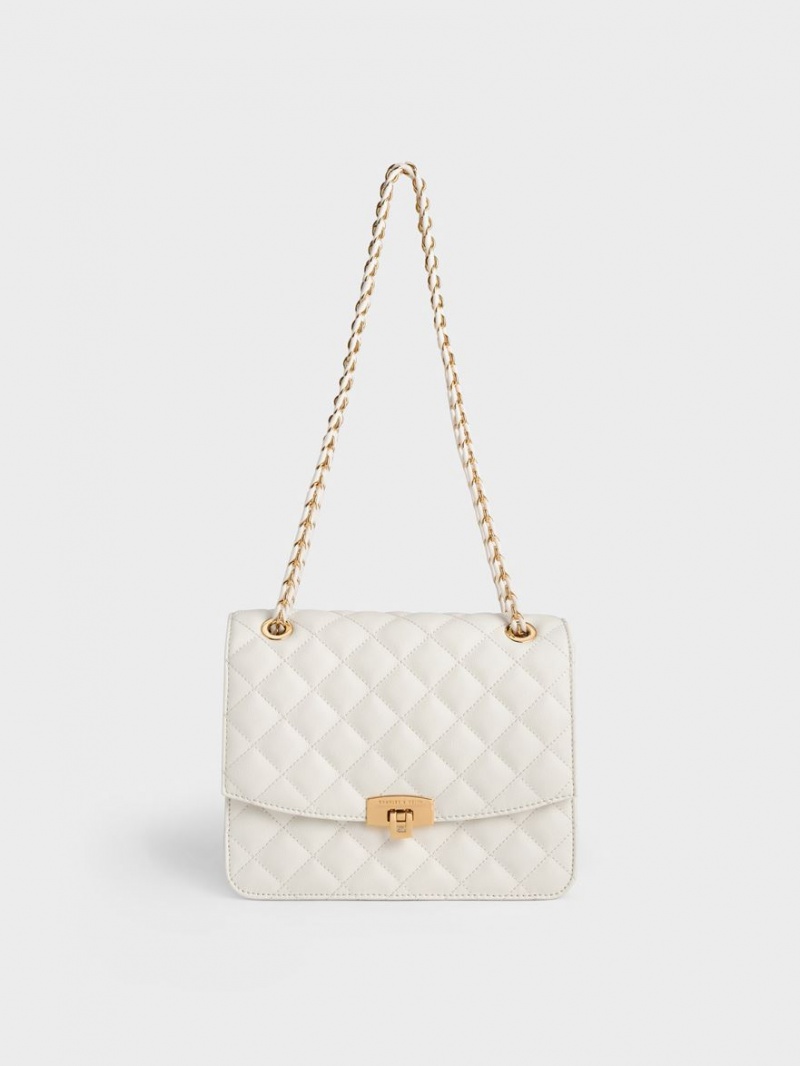 Geanta Clutch Charles & Keith Matlasat Chain Curea Albi | 174OJNKLP