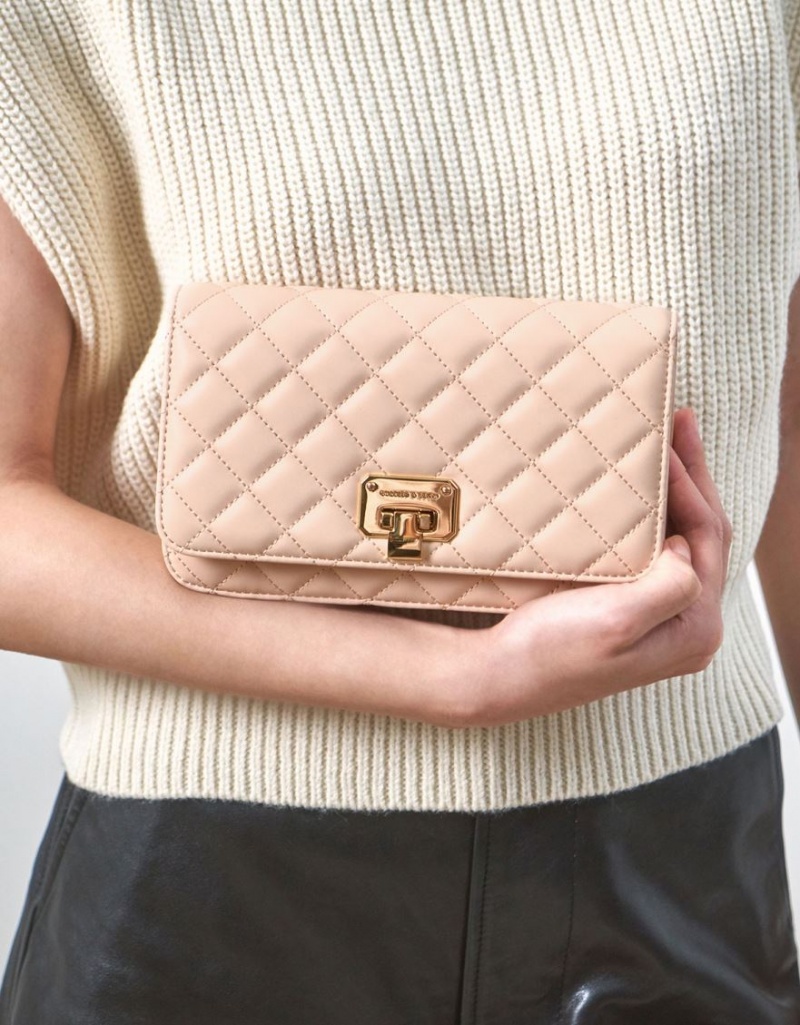 Geanta Clutch Charles & Keith Matlasat Flip-Lock Bej | 501JUVXML