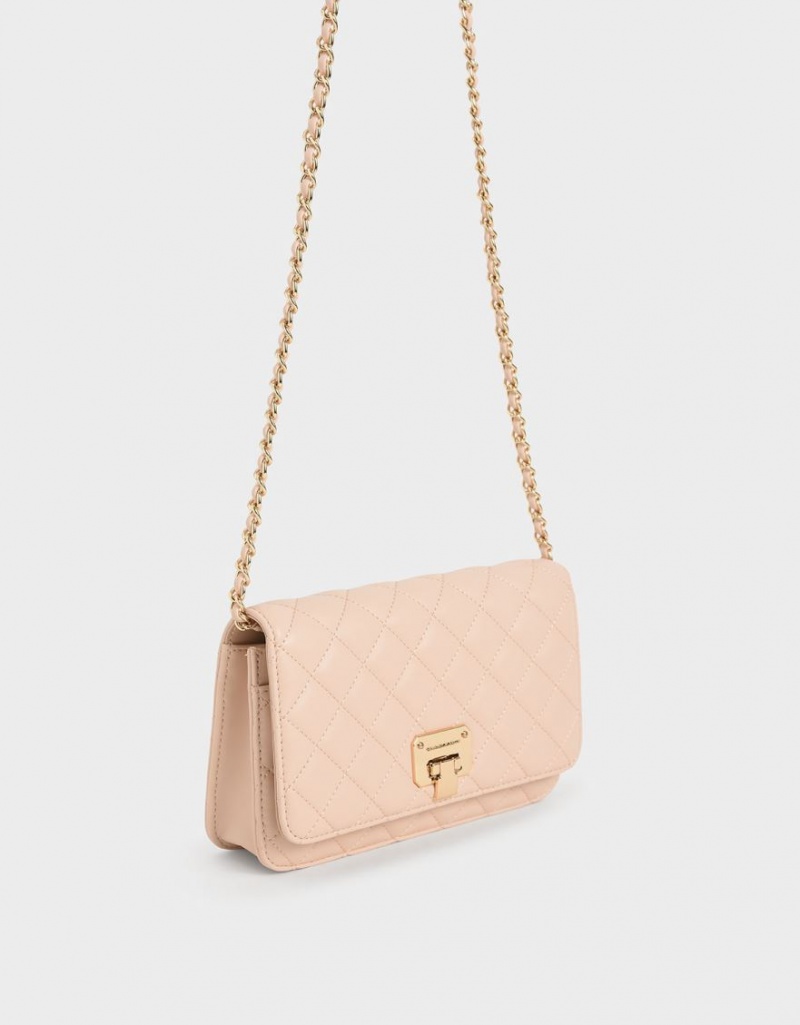 Geanta Clutch Charles & Keith Matlasat Flip-Lock Bej | 501JUVXML