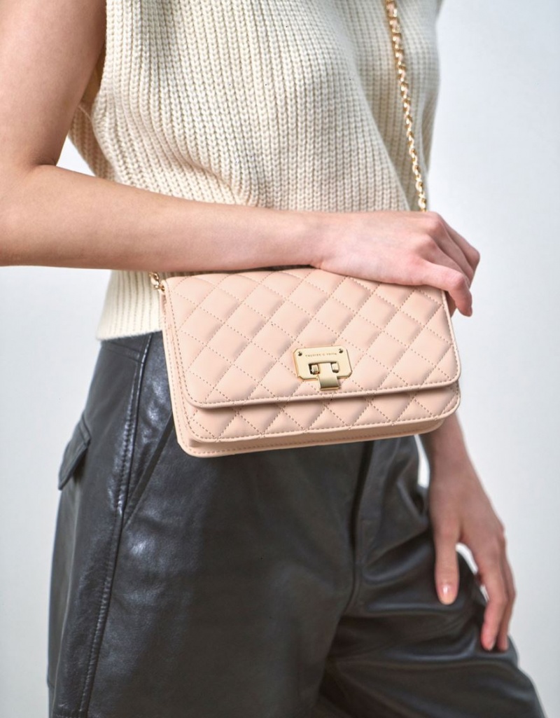 Geanta Clutch Charles & Keith Matlasat Flip-Lock Bej | 501JUVXML